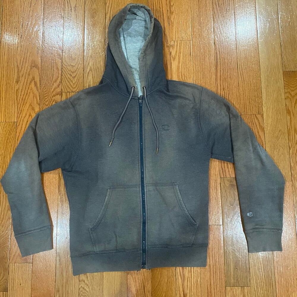 Vintage Champion Brown/Gray Distressed & Sun Faded Hoodie Sweatshirt Men’s M